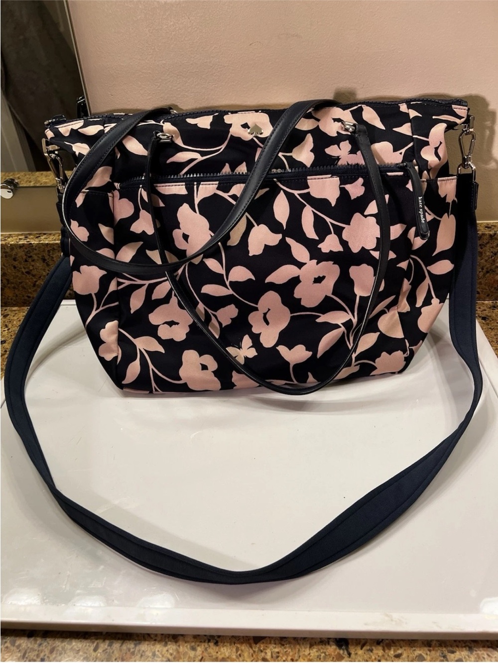 Kate Spade Navy Tote Shoulder Bag w/Blush Pink Floral Print Crossbody 18x12.5x6”